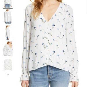 Joie Bolona White Satin Floral Long Sleeve Blouse Ruffle Trim Size Small